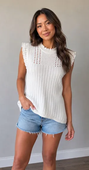 Current Air Cream Knit Sweater Tank Top Ruffle Sleeve‎ Boho Chic thumbnail 1