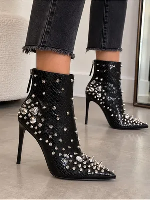 Steve Madden Viceroy Black Studded Rhinestone Stiletto Ankle Booties Size 7.5 thumbnail 1