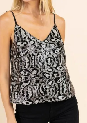 GILLI Sequin Leopard Print Crop Tank Top Camisole Black Silver Adjustable Size M thumbnail 1