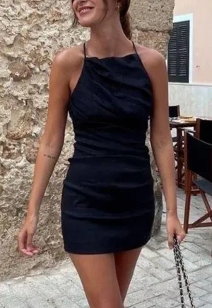 ZARA textured draped little black mini dress thumbnail 1