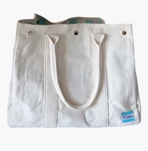 New. TOMS Natural Canvas Tote with Light Blue Logo Accent thumbnail 1