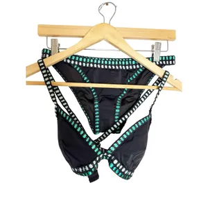 Victoria’s Secret Black Teal Crochet 2 Piece Triangle Bikini Swimsuit Set S/M thumbnail 2