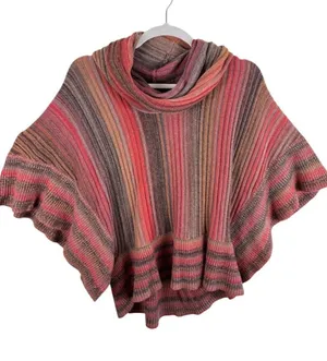 Dor Dor Couture Striped Cowl Neck Poncho Sweater Red Orange Brown Womens Large thumbnail 1