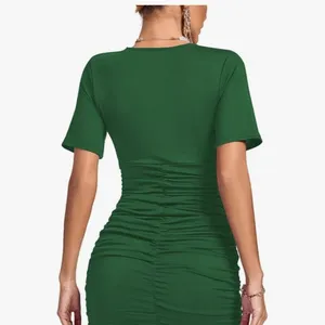 Plunging Ruched Bodycon Mini Dress Emerald Green Deep V Neck Short Sleeve Medium thumbnail 3