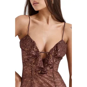 NEW House Of CB Dress Luciana Metallic Brown Long Gown Dress Peppercorn Xs Vneck thumbnail 6
