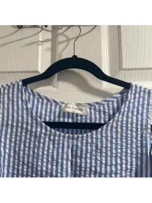 Ces Femmes Blue and White Seersucker Striped Cold Shoulder Shift Dress thumbnail 2