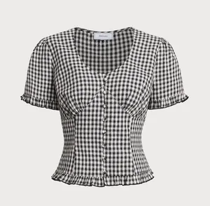 Rihoas Black Plaid V Neck Ruffle Blouse Size XS thumbnail 5