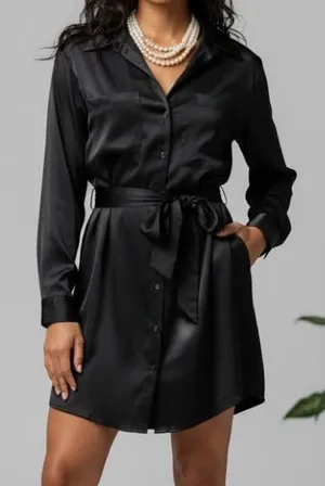 Abercrombie & Fitch Black Satin Button-Front Long Sleeve Shirt Dress w/Tie Belt thumbnail 1