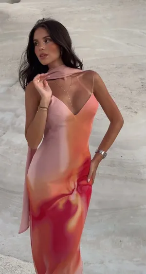 Zara Elegant Pink and Orange Maxi Dress scarf evening party wedding thumbnail 1