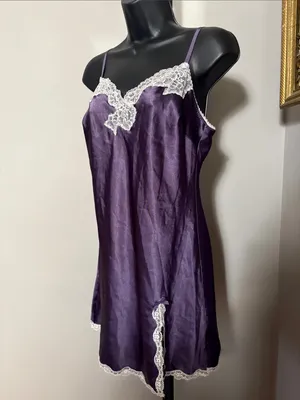 Victoria's Secret VINTAGE Medium Purple Satin Slip Dress with White Lace Trim thumbnail 2