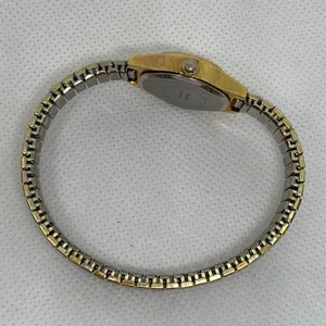 Women gold silver tone watch 20mm round case quartz analog stretch 6.5” running thumbnail 7