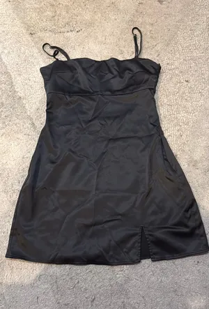 Bershka Black Satin Strappy Side Slit Mini Slip Dress thumbnail 1