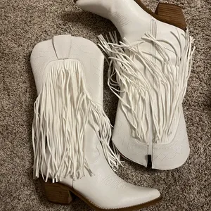 BEAST FASHION White Fringe Heeled Boots thumbnail 2