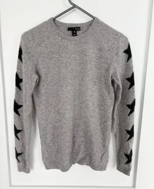 Aqua Cashmere Gray Black Star Sleeve 100% Cashmere Crew Neck Sweater Medium thumbnail 1