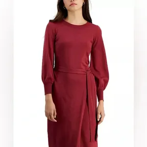 Taylor Faux-Wrap Belted‎ Midi Sweater Dress - Size S - Cognac - NWT thumbnail 4