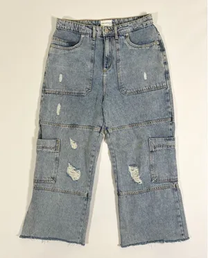 Avec Les Filles Distressed Utility Cargo Jeans Light Wash Wide Leg Size 28 thumbnail 1
