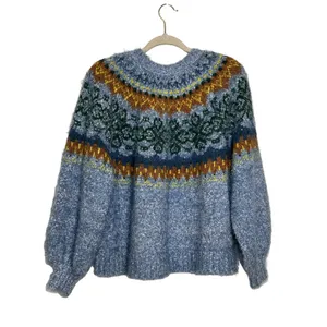Free People Festive Frost Fair Isle Fuzzy Sweater Small Blue Green Oversized thumbnail 7