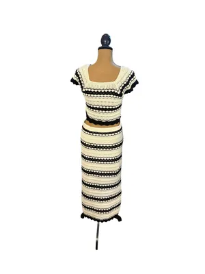 Freshman 1996 Crochet 2 Piece Maxi Skirt Set L Black Ivory Boho Coachella thumbnail 3