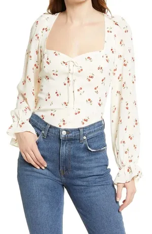 Reformation Chase Cherry Print Blouse Sz 4 thumbnail 1