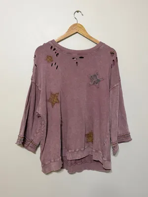 Easel Boho Star Patchwork Oversized Tee Size Large Distressed Sweater thumbnail 2