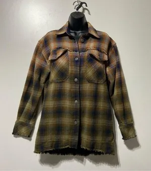 Free People Anneli Plaid Shirt Jacket Shacket Size Small Navy Tobacco thumbnail 6