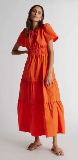 Quince 100% Organic Cotton Poplin Tiered Maxi Dress Vermillion Red Small NWT thumbnail 1