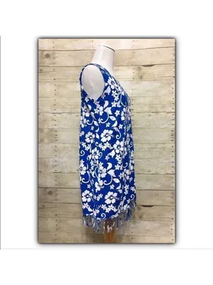 Tropical floral hibiscus print fringed rayon sleeveless dress size S thumbnail 4
