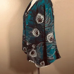 NY Collection Teal peacock feather print cardigan thumbnail 7