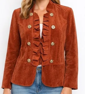 Dressbarn Jacket XL Rust Orange Faux Suede Ruffle Military Victorian Steampunk thumbnail 1