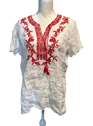 Symple NYC Women's White Red Embroidered Top Size Medium‎ Tassels Linen thumbnail 1