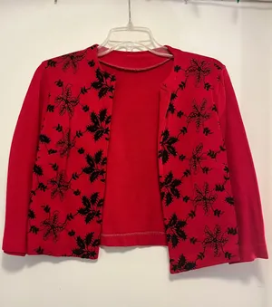 Vintage Red Cardigan with Black Floral Detail - Size Small thumbnail 1