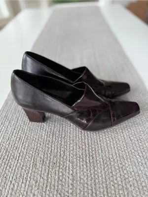 Vintage Franco Sarto Dark Brown Croc Embossed Faux Leather Block Heels Shoes 10 thumbnail 3