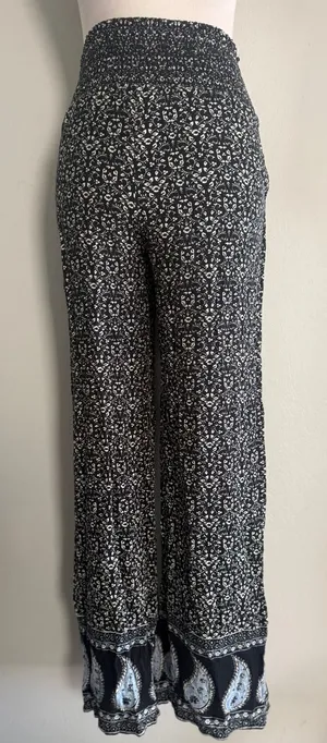 American Eagle black blue white XS Paisley Floral‎ Smocked Waist Pant boho Y2K thumbnail 1