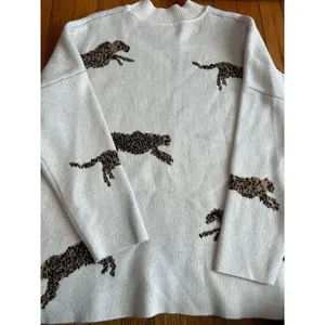 Leopard Print Sweater Womens Large White Mock Neck Knit Pullover Long Sleeve thumbnail 3