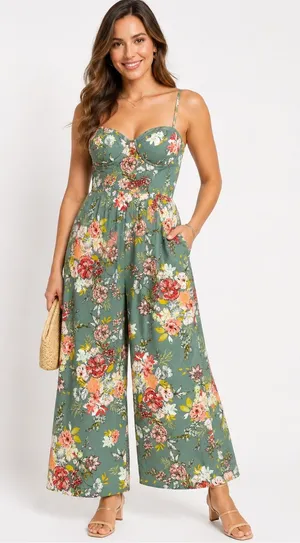 Band of the Free Floral Wide Leg Jumpsuit Size M Sage Green Boho thumbnail 1