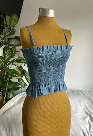 Spaghetti strap denim like cotton shirred tank top thumbnail 1