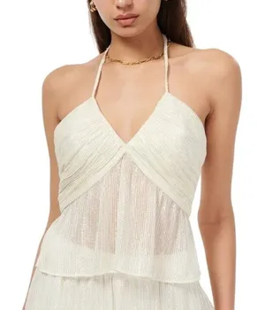 Cami NYC 6/M Women's Rhea Sheer Peplum Gold Metallic Cropped Halter Camisole Top thumbnail 1