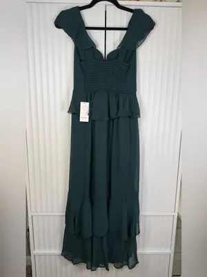 Show Me Your Mumu Reese Ruffle Emerald Green Satin Midi Dress XXS NWT thumbnail 6