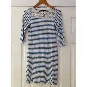 Lauren Ralph Lauren Striped Lace Yoke Dress Blue White Nautical Cotton Sheath M thumbnail 2