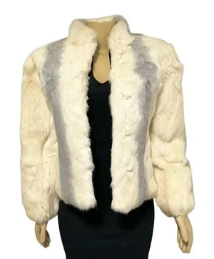 Vintage Rabbit‎ Fur Jacket Cream Grey Striped Button Front Coat Womens Medium thumbnail 1