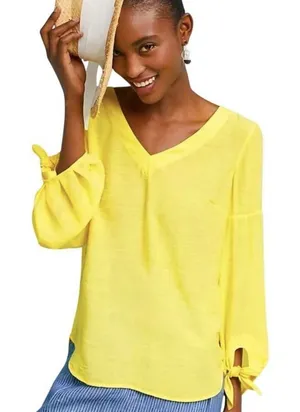 Maeve Anthropologie Verona Yellow V‎ Neck Tie Balloon Sleeve Blouse Boho Flowy M thumbnail 1