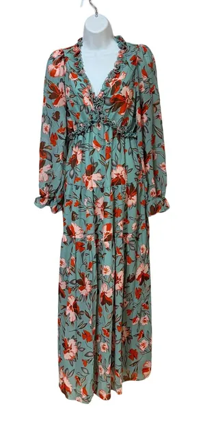 Floral Ruffle V-Neck Maxi Dress Sage Green Boho Tiered Empire Waist Small thumbnail 1