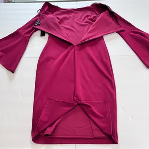 Lulus All She Wants Burgundy Off Shoulder Bell Sleeve‎ Bodycon Midi Dress LARGE thumbnail 8