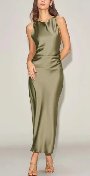 Rihoas Green Satin Boat Neck Slip Midi Dress thumbnail 1