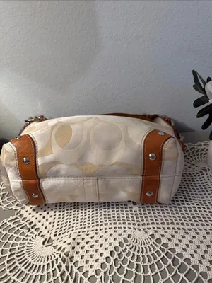 Vintage Carly Coach Signature Cream Canvas and Brown Leather Shoulder Bag thumbnail 7