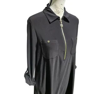 Anne Klein Midi Dress Gold Zip Front Pockets Long‎ Sleeve Black Size 8 thumbnail 2