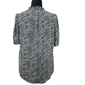 Ruffled Collar V-neck Pleated Button Up Floral Print Lightweight Navy Blue White thumbnail 2