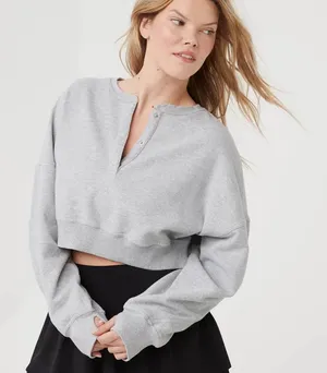 Aerie Offline Throwback Snap Fleece Crewneck in Heather Gray thumbnail 1