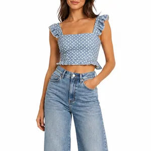 Kirious Blue Floral Eyelet Tie Back Crop Top Tank Top XS Cottagecore Top thumbnail 7