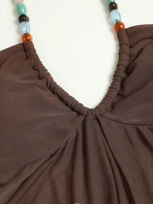 Samiol Brown Irregular Hem Contrast Beaded Tankini Set Size M thumbnail 5